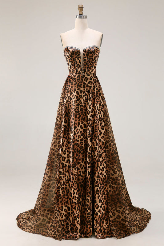 Strapless Brown Leopard A-Line Corset Long Prom Dress with Slit