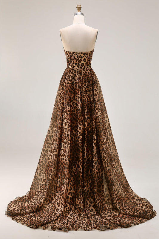 Strapless Brown Leopard A-Line Corset Long Prom Dress with Slit