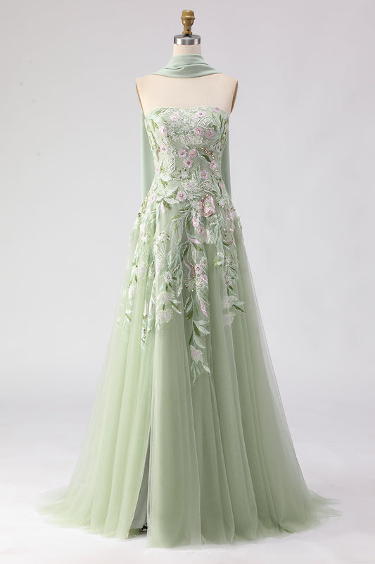 Robe de bal longue sans bretelles en ligne A couleur sauge poussiéreuse avec paillettes brodées et fente