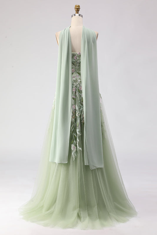 Robe de bal longue sans bretelles en ligne A couleur sauge poussiéreuse avec paillettes brodées et fente