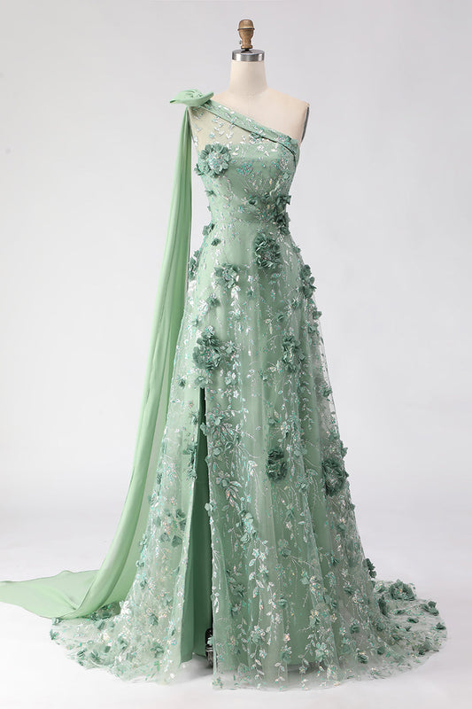 Robe de bal longue fendue, coupe trapèze, à sequins et fleurs 3D, une épaule, couleur eucalyptus