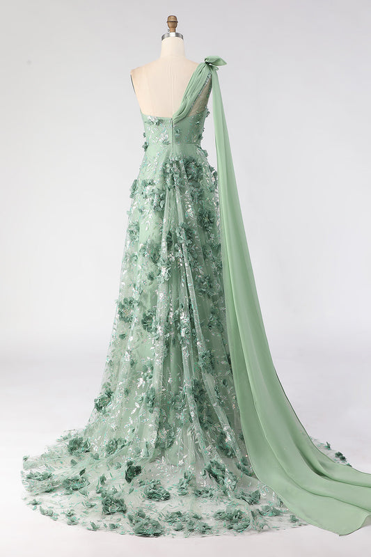 Robe de bal longue fendue, coupe trapèze, à sequins et fleurs 3D, une épaule, couleur eucalyptus