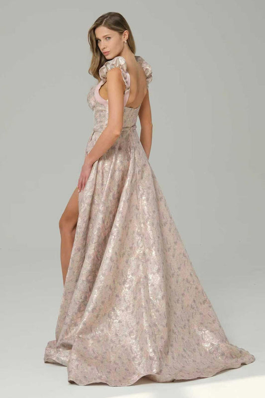 Pink A-Line Floral Printed Corset Long Prom Dress with Slit
