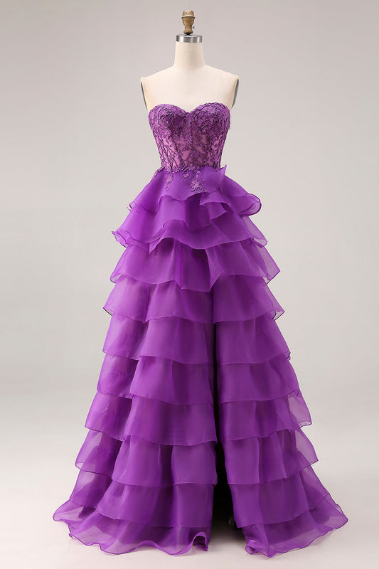 Robe de soirée longue violette trapèze cœur bustier transparent à volants avec fente