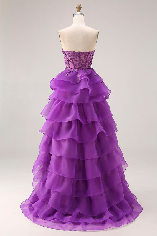 Robe de soirée longue violette trapèze cœur bustier transparent à volants avec fente