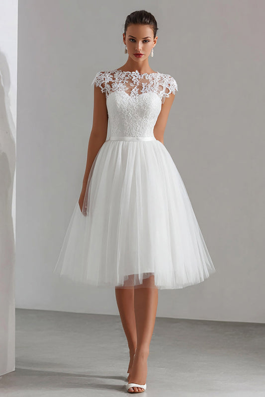 Vestido Midi Blanco Línea A de Tul con Encaje para Ensayo de Boda
