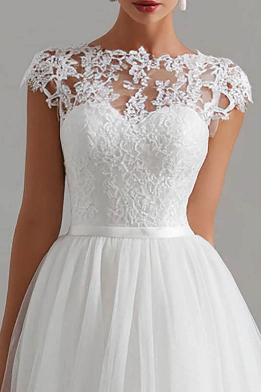 Vestido Midi Blanco Línea A de Tul con Encaje para Ensayo de Boda