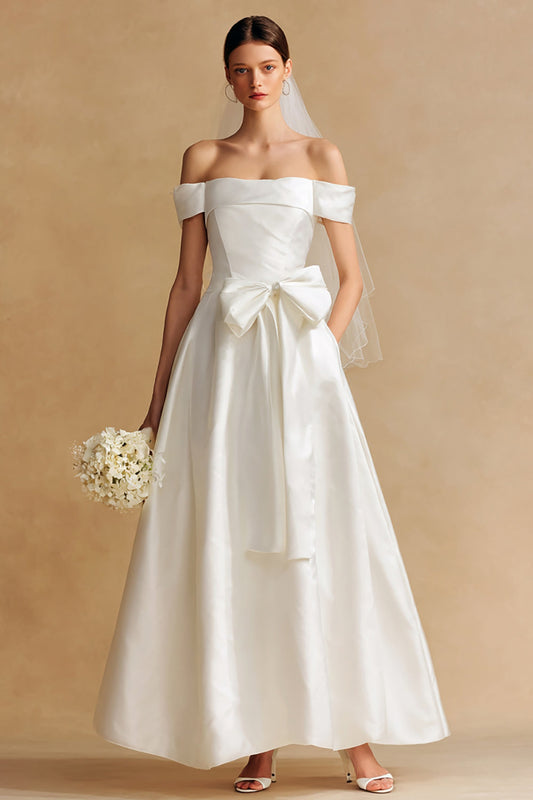 Robe de mariée trapèze blanche à épaules dénudées avec nœud pour mariage au tribunal