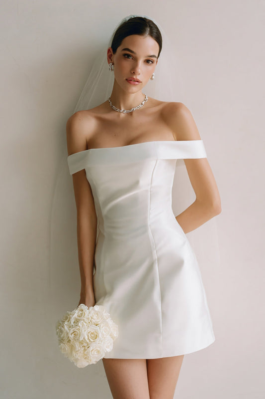 Robe de mariée courte en satin blanc à épaules dénudées pour mariage civil