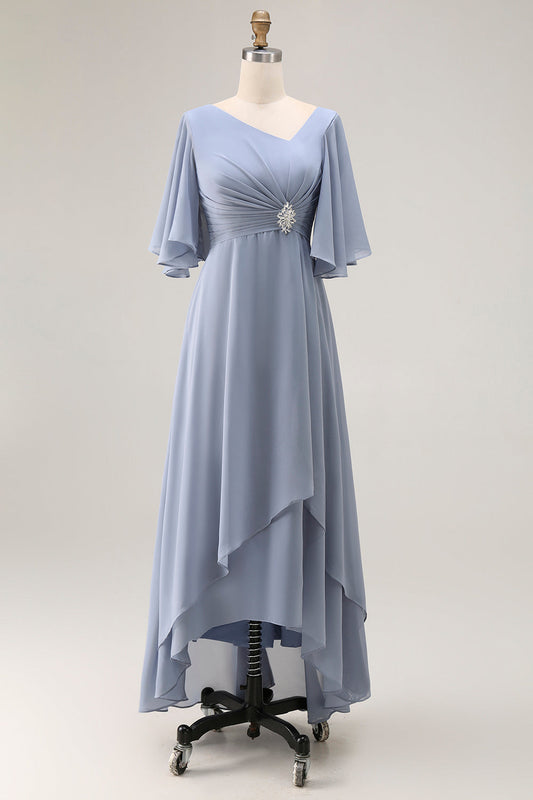 Robe de chœur froncée évasée manches mi-longues bleu Dusty avec laçage au dos