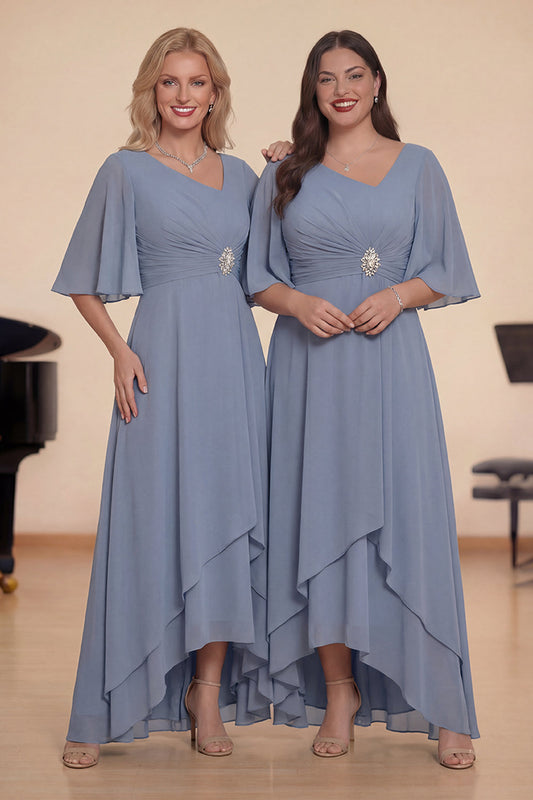 Robe de chœur froncée évasée manches mi-longues bleu Dusty avec laçage au dos