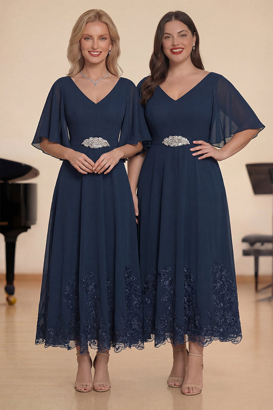 Robe longue de chœur ligne A en V marine avec broderie