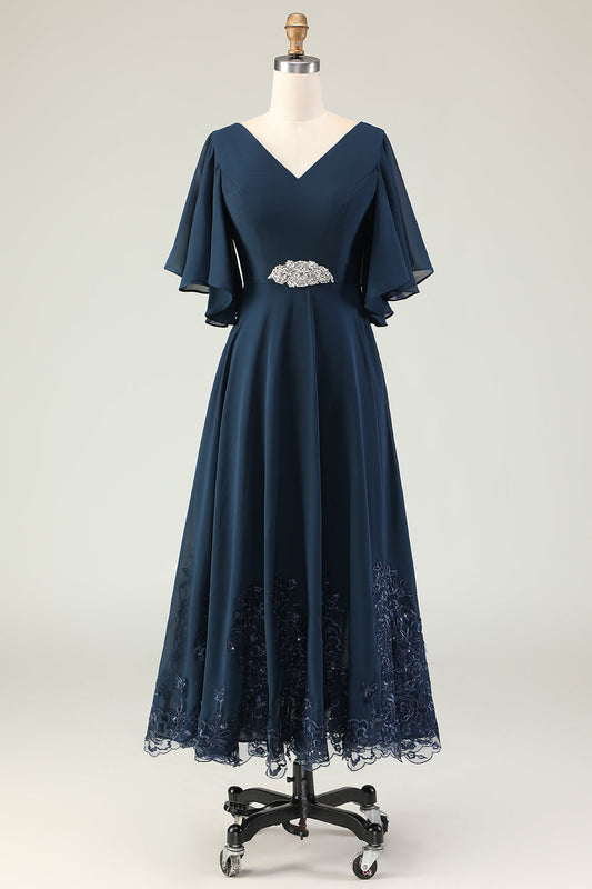 Robe longue de chœur ligne A en V marine avec broderie