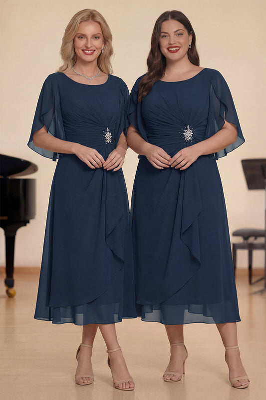 Navy A-Line Ruched Chiffon Midi Choir Dress with Beading