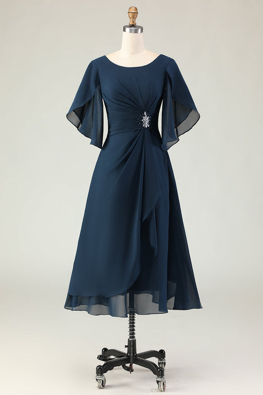 Navy A-Line Ruched Chiffon Midi Choir Dress with Beading