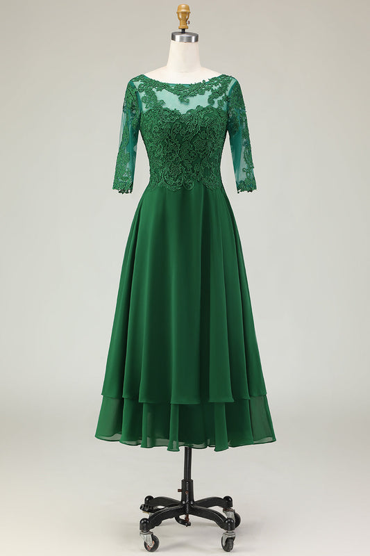 Robe de Chœur en Mousseline de Soie Verte Coupe Trapèze avec Dentelle et Bretelles à Nouer au Dos et Appliques