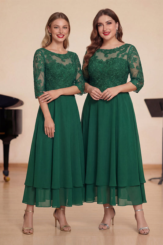 Robe de Chœur en Mousseline de Soie Verte Coupe Trapèze avec Dentelle et Bretelles à Nouer au Dos et Appliques