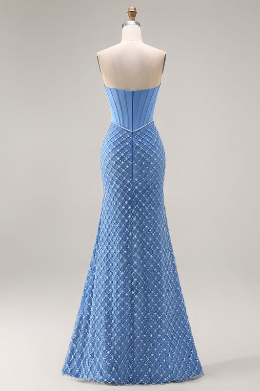 Blue Strapless Corset Beaded Pearls Mermaid Long Prom Dress with Slit