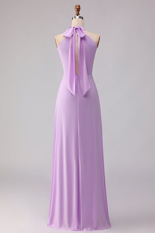 Robe longue de demoiselle d'honneur trapèze lilas en mousseline découpée à encolure dos nu
