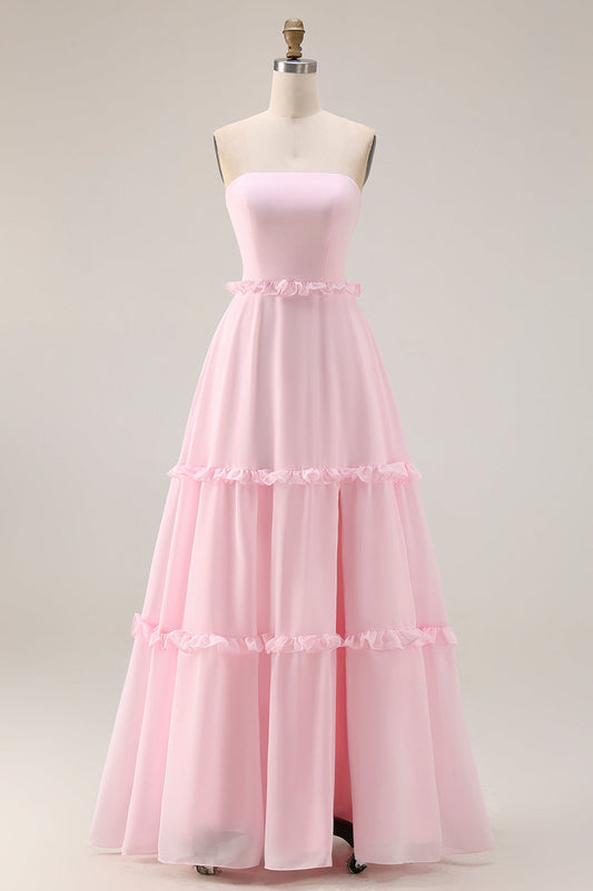 Blushing Pink A Line Strapless Chiffon Long Bridesmaid Dress with Slit