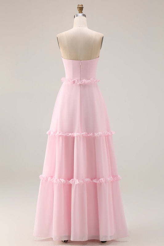 Blushing Pink A Line Strapless Chiffon Long Bridesmaid Dress with Slit