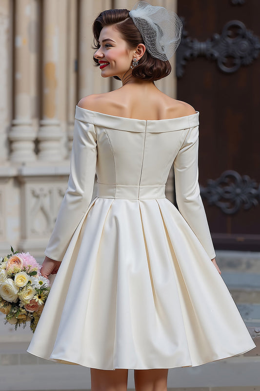 Off-the-Shoulder White A-Line Short Wedding Dress with Long Sleeves