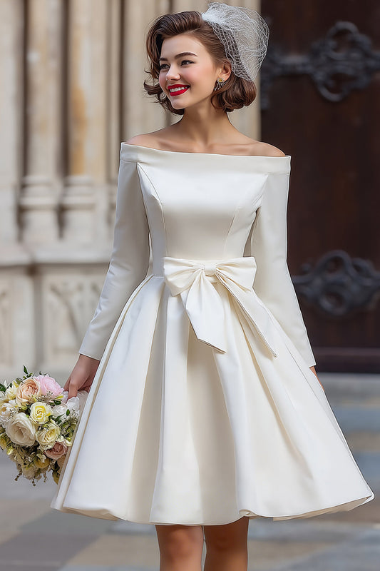 Off-the-Shoulder White A-Line Short Wedding Dress with Long Sleeves