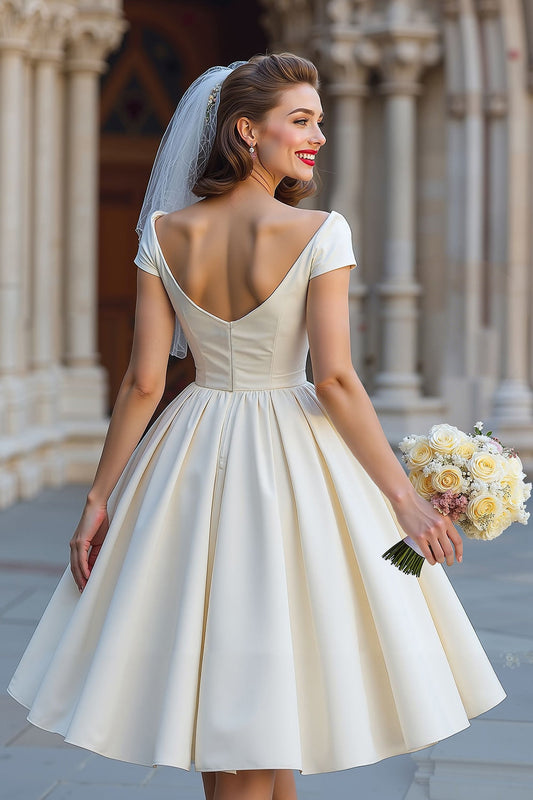 Off the Shoulder Ivory Short Wedding Dress with Bow