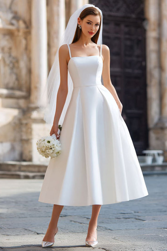 White A-Line Spaghetti Strap Long Wedding Dress with Detachable Bow