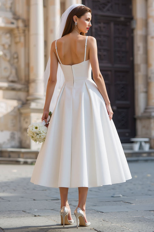 White A-Line Spaghetti Strap Long Wedding Dress with Detachable Bow