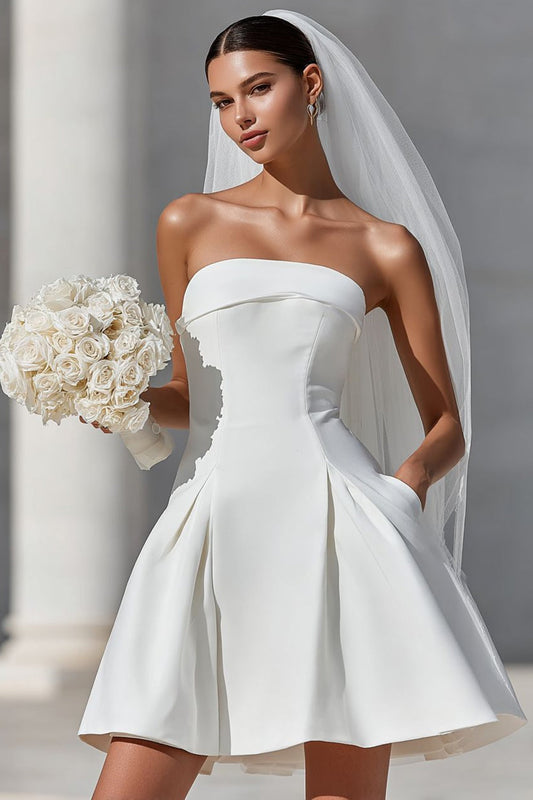 White A-Line Strapless Short Wedding Dress with Pockets