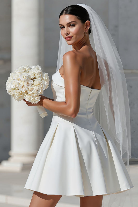 White A-Line Strapless Short Wedding Dress with Pockets