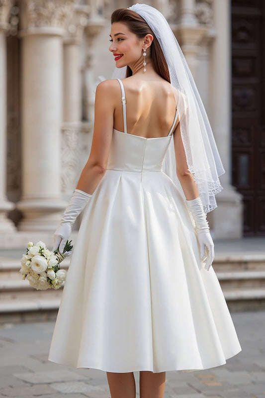 White A-Line Spaghetti Straps Midi Wedding Dress with Bow