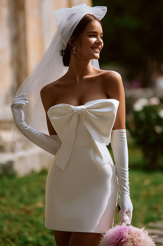 Strapless White Bodycon Short Wedding Dress with Bow (without Gloves)