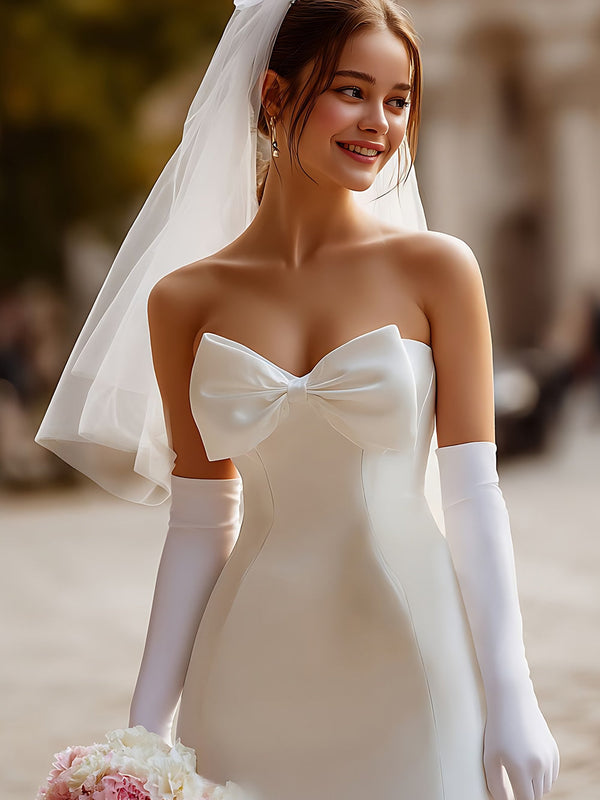 Robe de mariée courte fourreau en satin blanc avec nœud (sans gants)