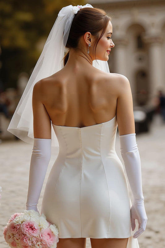 Robe de mariée courte fourreau en satin blanc avec nœud (sans gants)