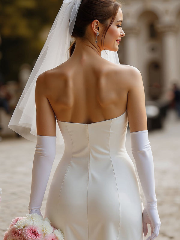Robe de mariée courte fourreau en satin blanc avec nœud (sans gants)
