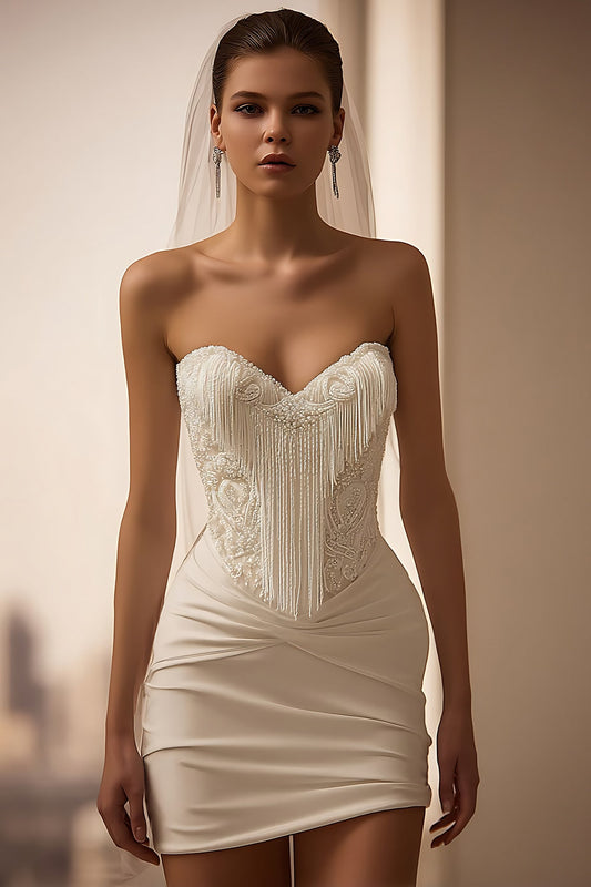 Ivory Satin Sweetheart Bodycon Short Wedding Dress with Fringes