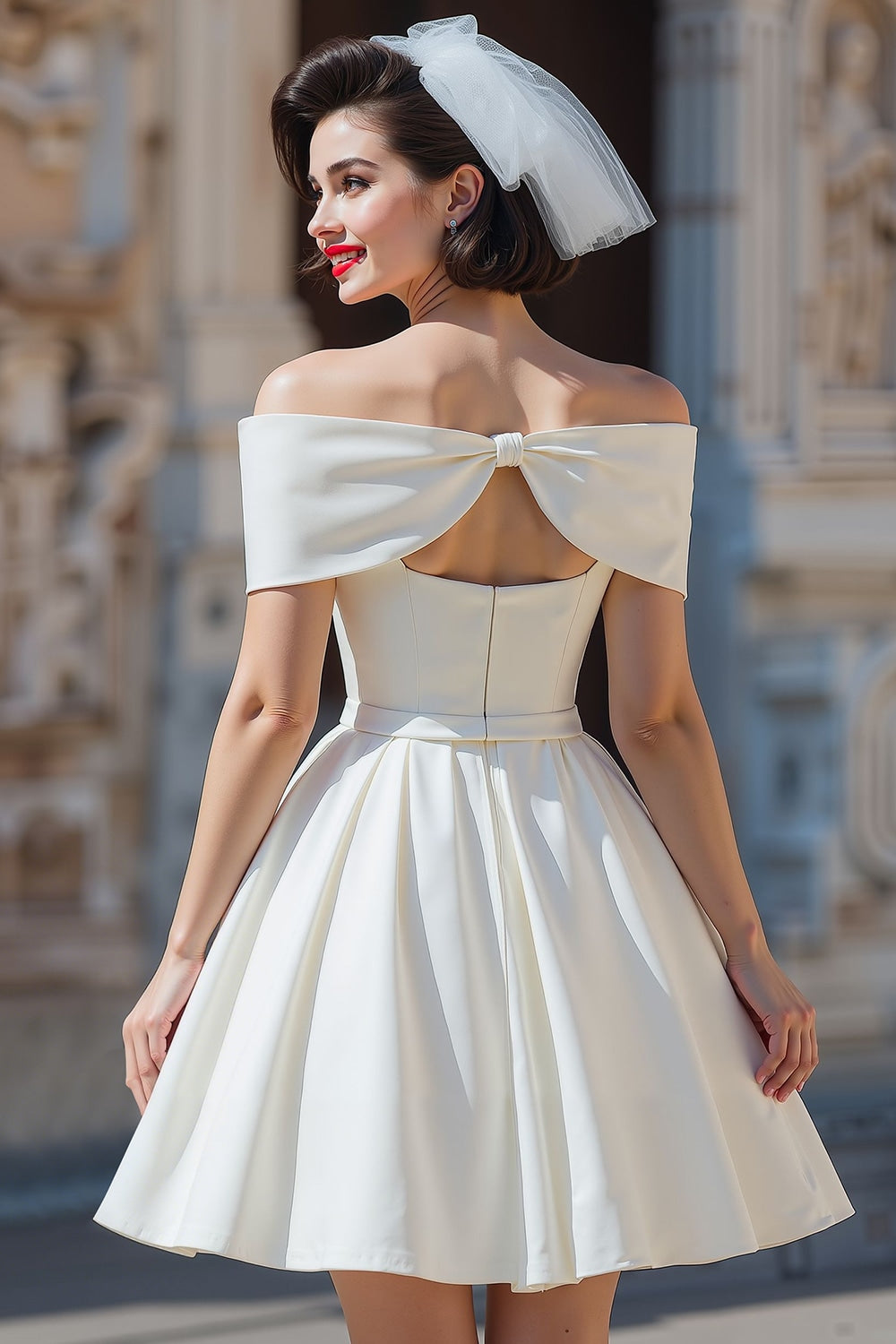 Robe de mariée courte en satin blanc à épaules dénudées avec nœuds