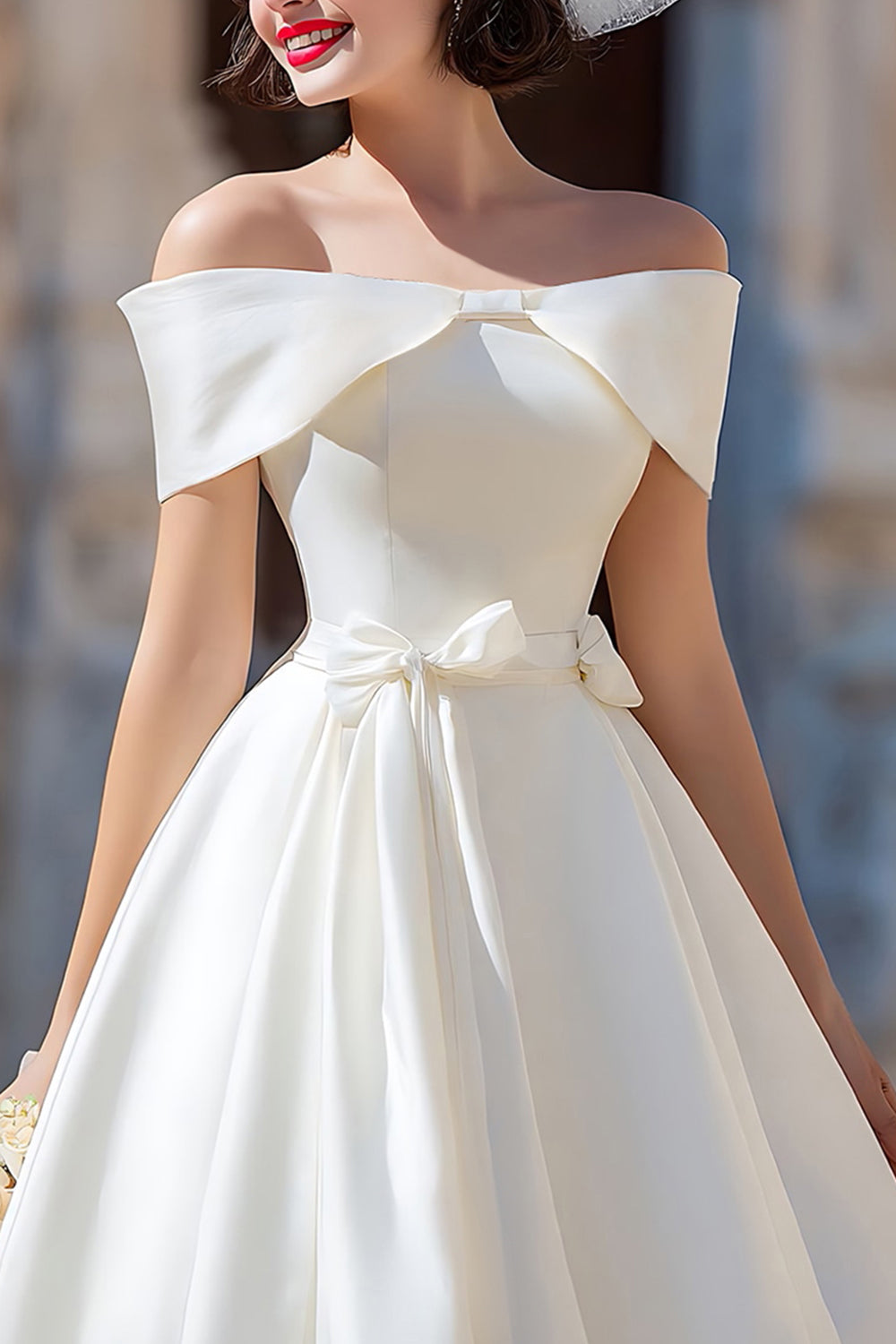 Robe de mariée courte en satin blanc à épaules dénudées avec nœuds