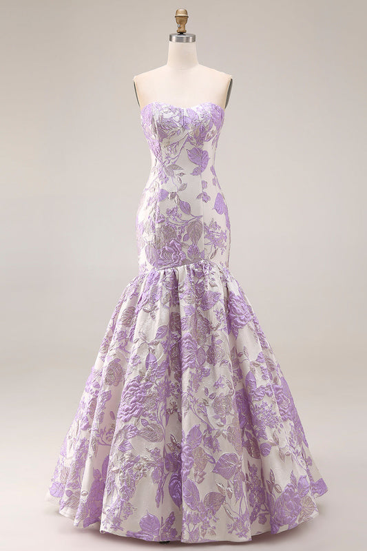 Robe de bal longue lilas bustier sirène en satin jacquard brocard floral