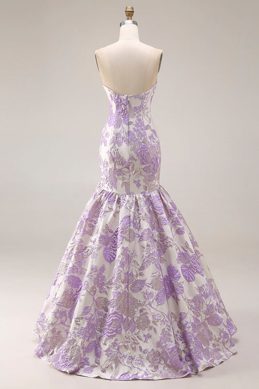 Robe de bal longue lilas bustier sirène en satin jacquard brocard floral