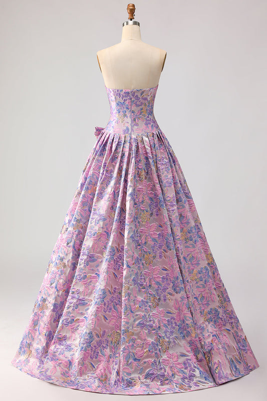 Robe de bal longue en brocart de satin jacquard lilas, coupe trapèze, bustier, drapée avec nœud