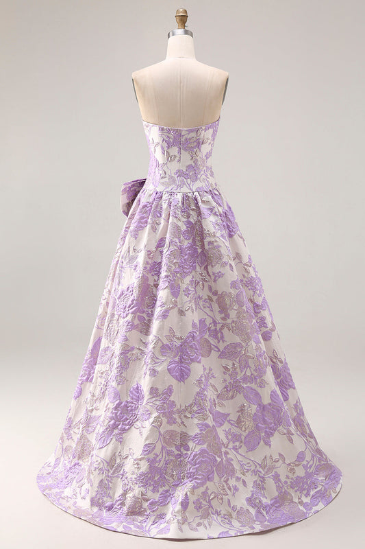 Robe de bal longue en brocart jacquard lilas bustier coupe évasée avec nœud