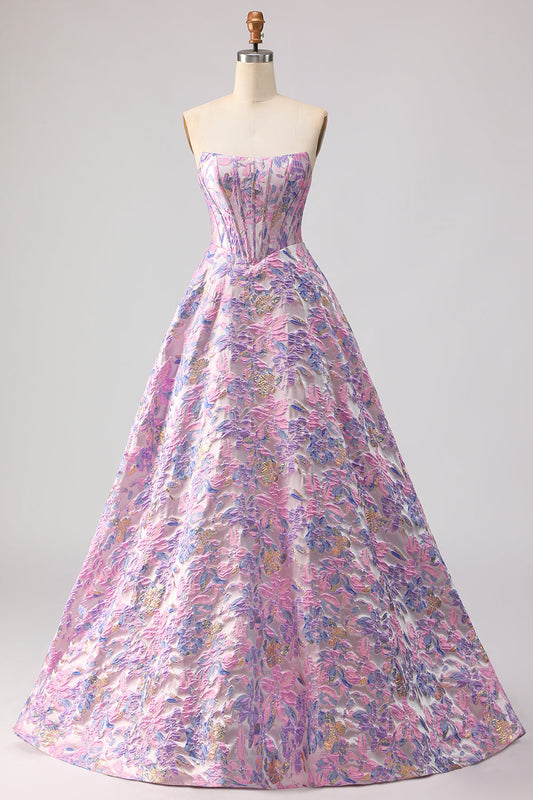 Robe longue de bal de promo en jacquard brocart satin de couleur lilas, bustier corset ligne A