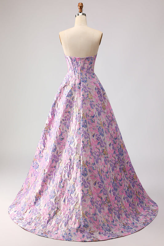 Robe longue de bal de promo en jacquard brocart satin de couleur lilas, bustier corset ligne A