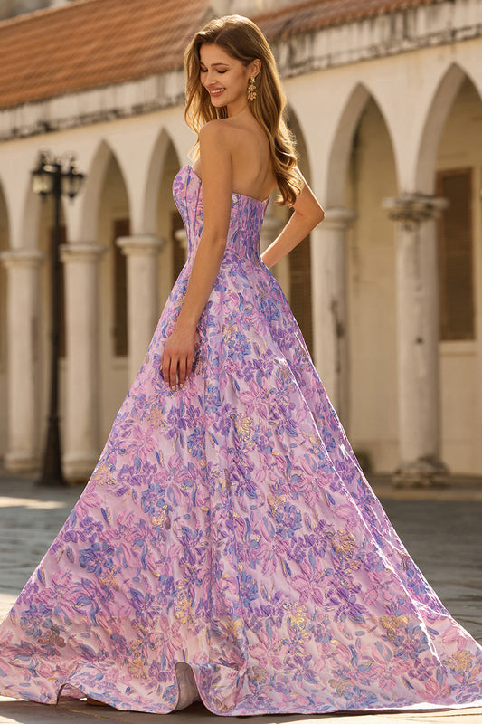 Robe de soirée longue trapèze lilas bustier en jacquard, corset brocart