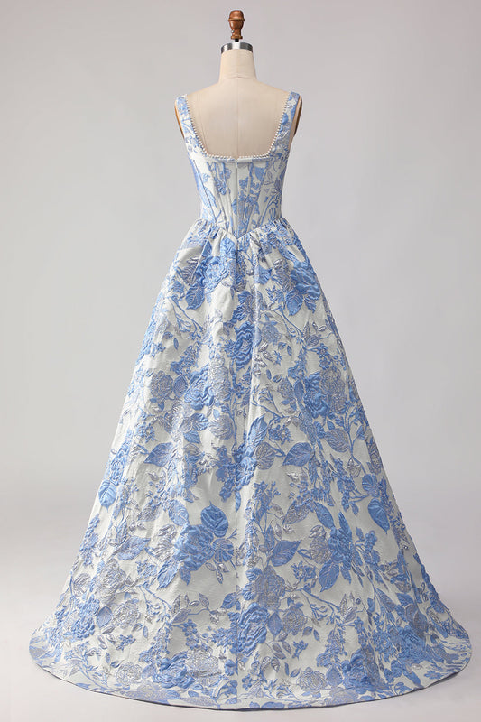 Robe de bal longue en brocart jacquard coupe trapèze bleu clair avec corset et perles