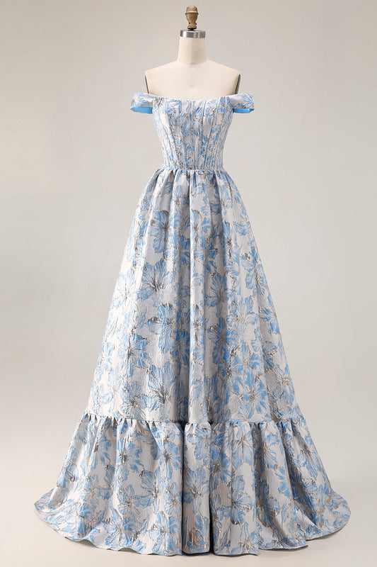 Off-the-Shoulder Light Blue A-Line Jacquard Convertible Long Prom Dress