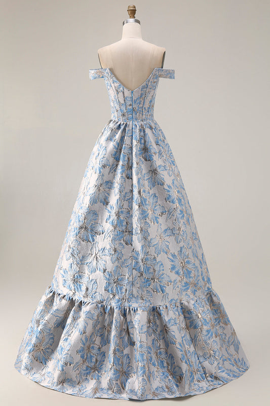 Off-the-Shoulder Light Blue A-Line Jacquard Convertible Long Prom Dress